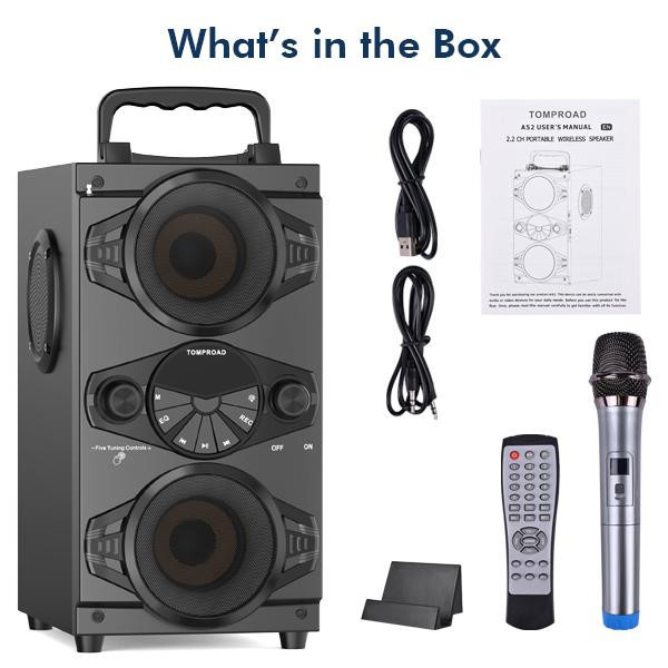 TOPROAD Bluetooth-Lautsprecher 60 W mit Subwoofer, LED-Leuchten, FM-Radio und Mikrofon, Schwarz - Bild 2