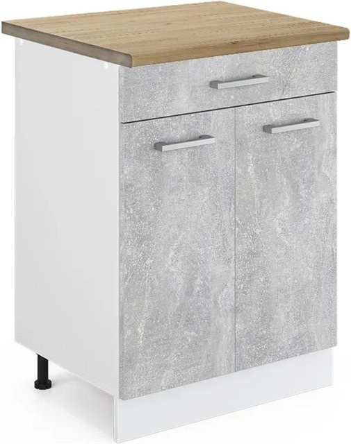 Vicco Küchenunterschrank R-Line in Beton-Optik und Weiß mit Eiche-Elementen und Schubladen, B/T/H: 60 x 60 x 81,6 cm - Bild 1