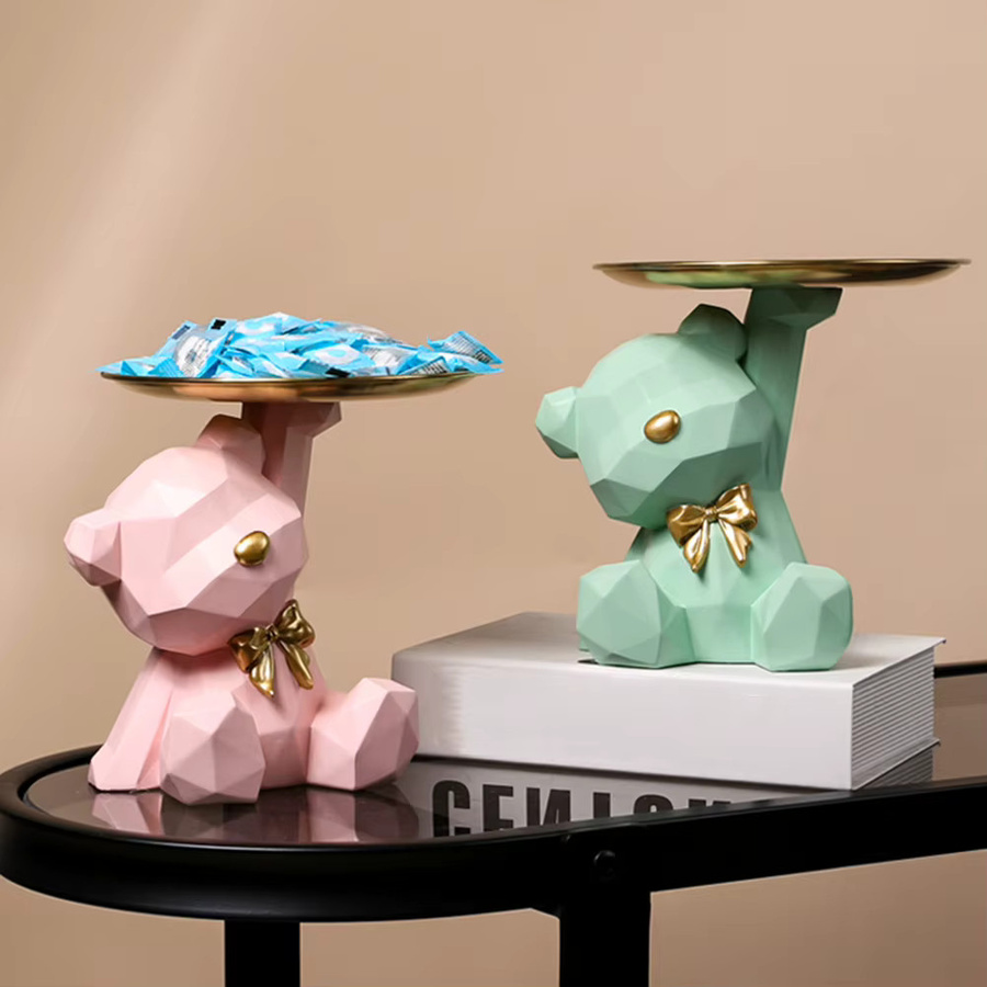 ALLOYSEED Aufbewahrungstablett mit geometrischer Bär-Statue aus Kunstharz in Pink - Bild 3