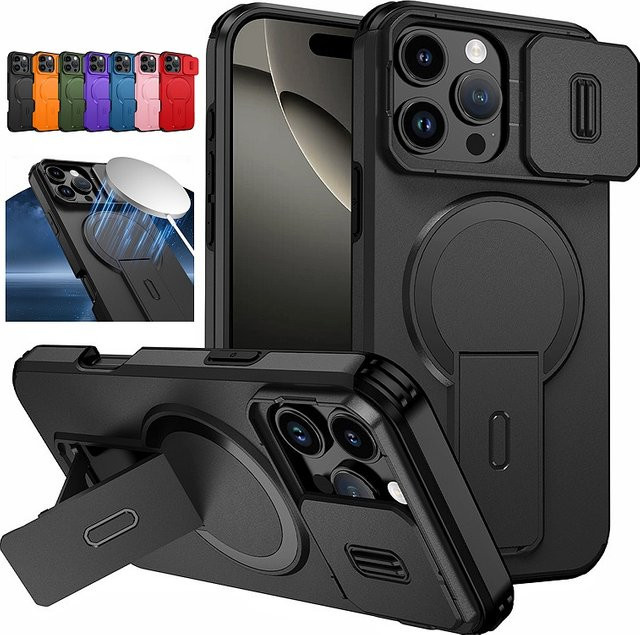 MagSafe Magnetische Schutzhülle für iPhone 16 15 14 13 12 11 Pro Max Plus 16e mit Kamera-Schutz und integriertem Standfuß in Schwarz - Bild 1