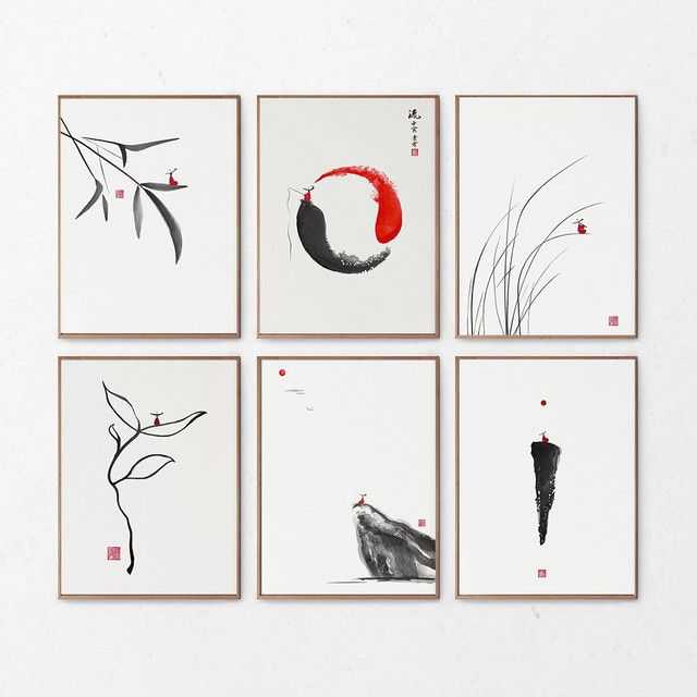 Potdemiel Leinwandmalerei Kirschblüte Minimalistische Zen Kunst im orientalischen Stil mit traditioneller chinesischer Tinte - Bild 1
