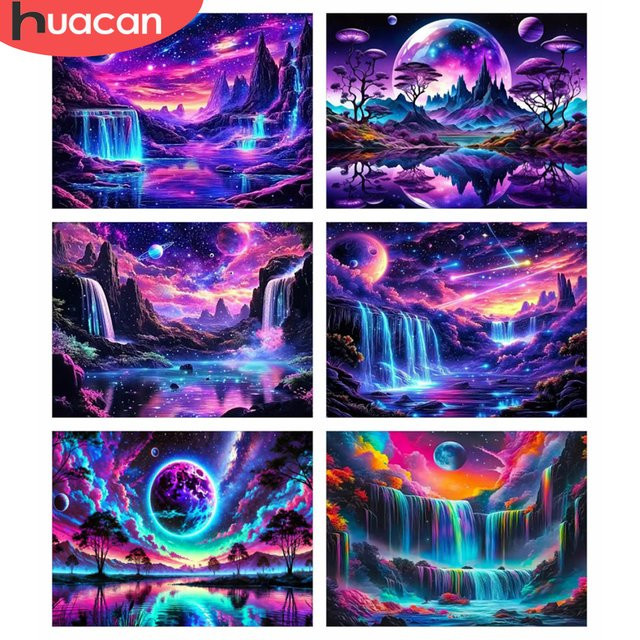 HUACAN Diamant-Malerei-Set Wasserfall-Landschaft mit bunten Perlen zur Heimdekoration, runde Form, B/H: 30 x 20 cm - Bild 1