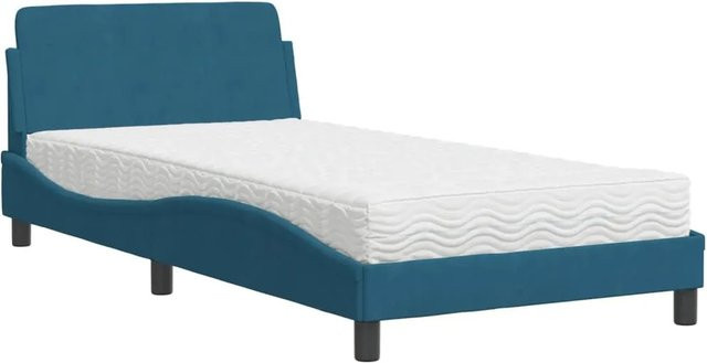 vidaXL Bett mit Matratze aus Samt in Blau, modernes Design mit Kiefernholz und Schaumstoff, B/T/H: 100 x 200 x 105 cm - Bild 1