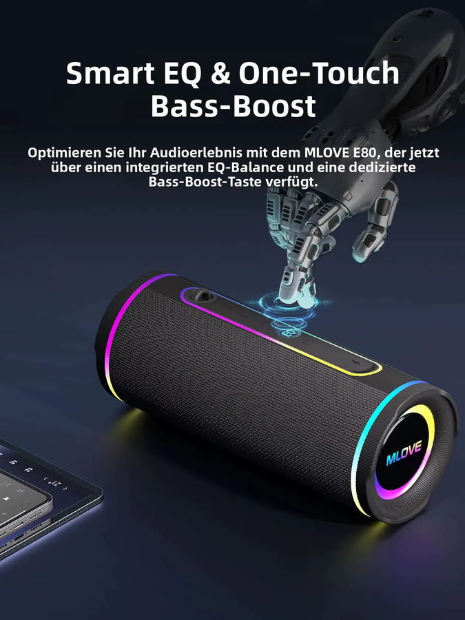 MLOVE E80 Tragbarer Bluetooth-Lautsprecher in Schwarz mit RGB-Beleuchtung, Dual-Sound und IPX7 Wasserdichtigkeit - Bild 2