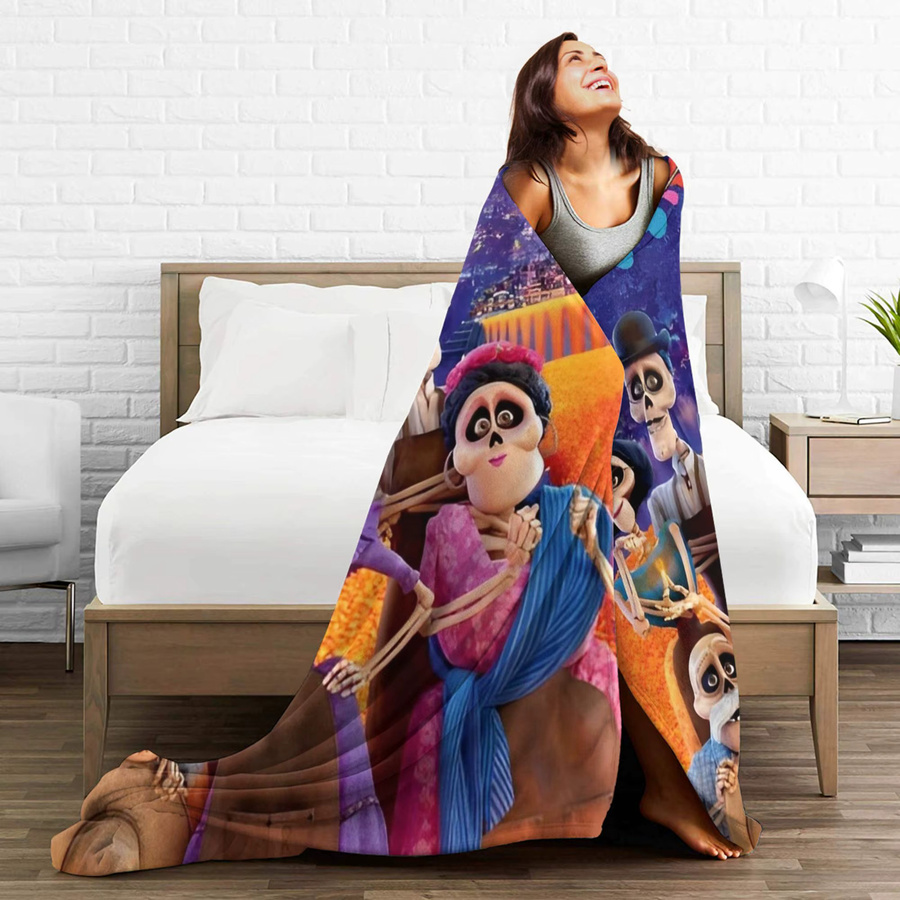Potdemiel Fleece-Plüschdecke im Cartoon Coco Tag der Toten Design, bunte Korallen-Dekorationsdecke für Bettwäsche oder Auto, weich und warm - Bild 5