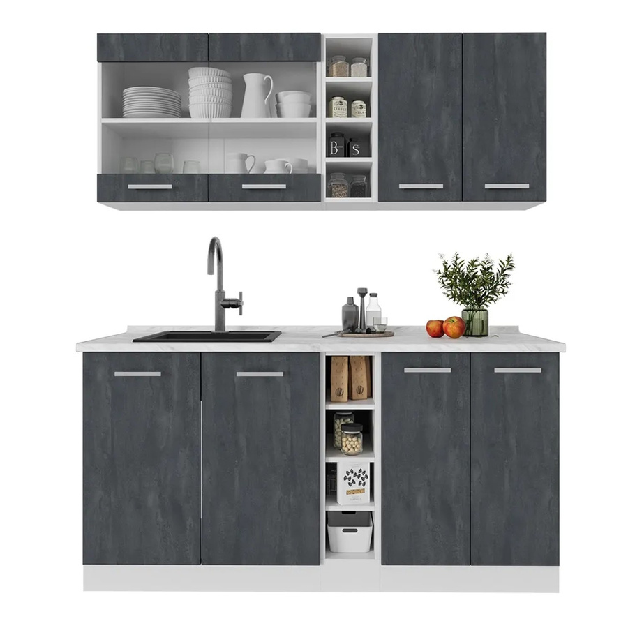 Vicco Singleküche R-Line in Schwarz Beton und Weiß mit Arbeitsplatte in Weiß Marmor, Breite: 160 cm - Bild 2