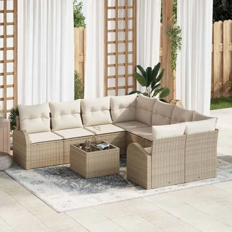 vidaxl Garten-Sofa-Set aus Polyrattan mit 9-teiligem Kissen-Set in Beige und Creme, moderne Loungemöbel aus Polyrattan und Stahl, B/T/H: 55 x 55 x 37 cm - Bild 1
