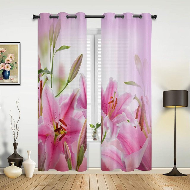 Moderne halbtransparente Vorhänge mit rosa Orchideen-Blumenmuster für Wohnzimmer, Schlafzimmer oder Küche, Breite: 135 cm, Höhe: 60 cm - Bild 1