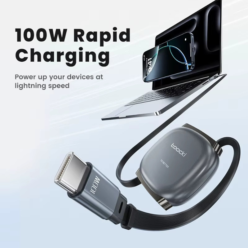 Einziehbares USB-C Schnellladekabel 100 W für iPhone 16 15 Pro Max und Samsung, Datenkabel mit 480 Mbps in Grau - Bild 3