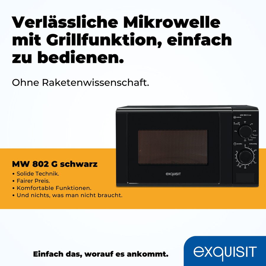 Exquisit MW 802 G sw Mikrowelle mit Grill in Schwarz, B/T/H: 43,9 x 34,0 x 20,0 cm - Bild 3