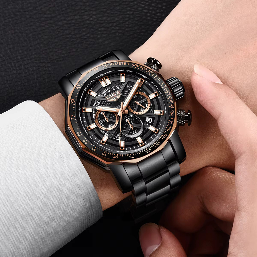 LIGE Armbanduhr Quarz, Edelstahl, Schwarz, Herren - Bild 5