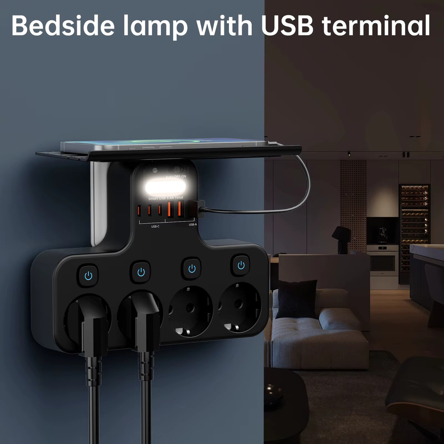 DODOYESANA Multifunktionssteckdose mit USB-C-Anschlüssen und intelligentem Nachtlicht, 4000 W, Schwarz - Bild 5