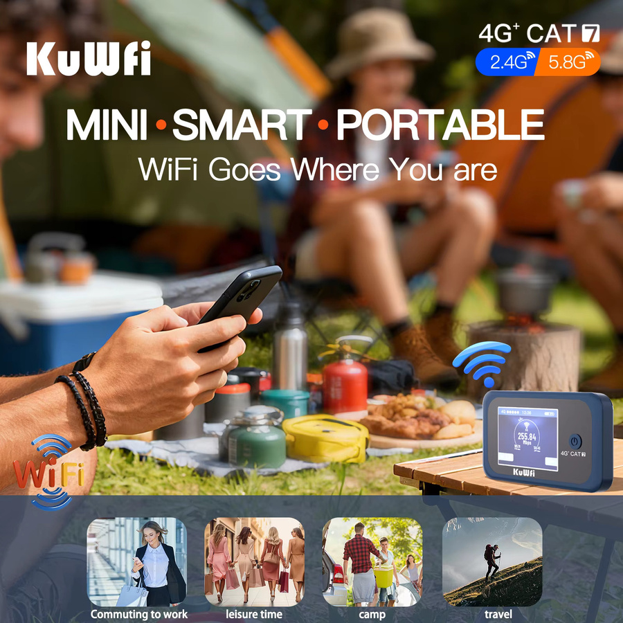 KuWFi CAT7 4G LTE Router mit 1200 Mbit/s, tragbares Reise-Mobilmodem mit 3000 mAh Akku und USIM-Steckplatz für bis zu 10 Benutzer - Bild 5
