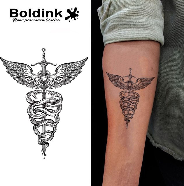 Boldink Temporäres Tattoo, Winged Caduceus Sword Design, wasserfest - Bild 1