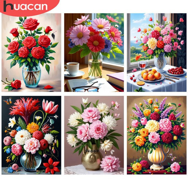 HUACAN Diamantmalerei Set Elegante Blumenvase mit roten Rosen, 5D Diamant Stickerei DIY Kunst Set, B/H: 20 x 30 cm - Bild 1