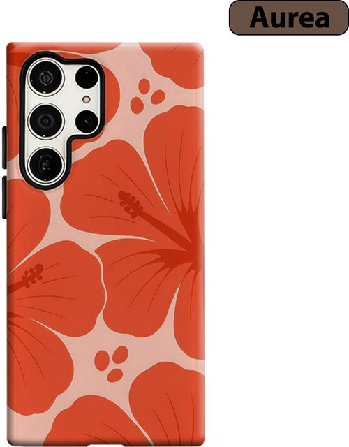 Stoßfeste Doppelschicht Handyhülle mit tropischem Hibiskus-Design für Samsung Galaxy S25 Ultra, S24 und S23 Ultra Plus in Orange-Rot - Bild 1