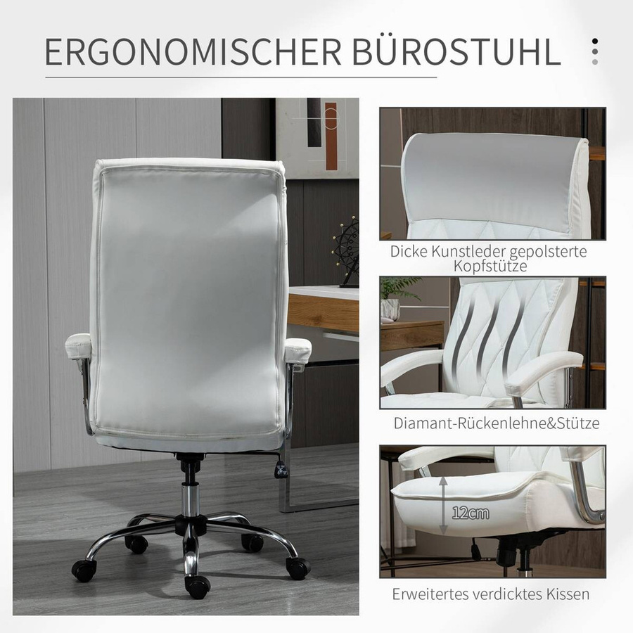 Vinsetto Chefsessel in Weiß mit Rautenmuster, höhenverstellbarer Drehstuhl aus PU-Leder und Metall, B/T/H: 66 x 69 x 121 cm - Bild 3