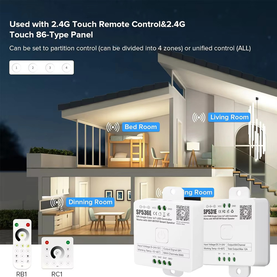 YSRSAI Einfarbiger LED-Controller für LED-Lichtstreifen mit Bluetooth und WLAN, SP531E SP536E SP631E SP636E, inklusive 2,4G Fernbedienung, DC5V 12V 24V, Weiß - Bild 3