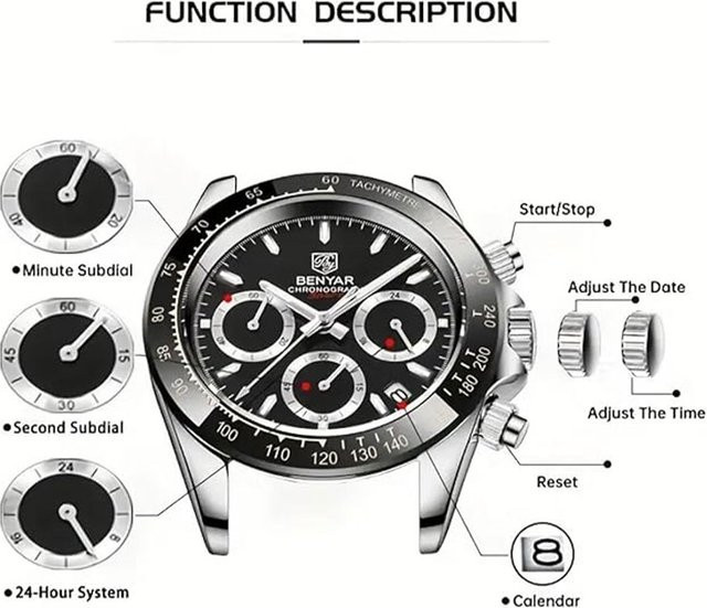 BENYAR Chronograph Armbanduhr, Quarz, Edelstahl, Schwarz, Herren - Bild 1