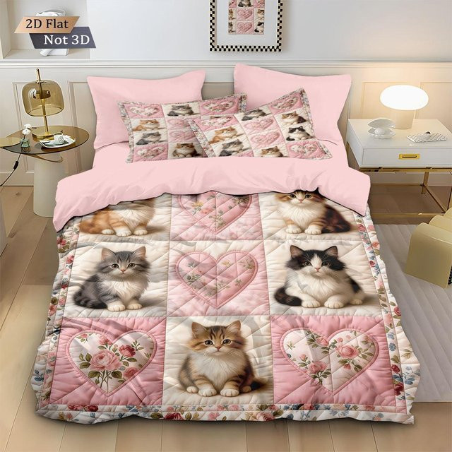 Flylo Bettwäsche-Set mit Katzenmuster in Pink, 2-teilig mit Reißverschluss, B/H: 100 x 135 cm - Bild 1