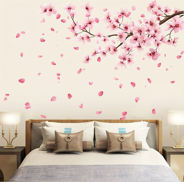 Duruibom Kirschblütenbaum Wandtattoo in Pink mit Sakura Zweigen und Blättern für Wohnzimmer und Schlafzimmer - Bild 1