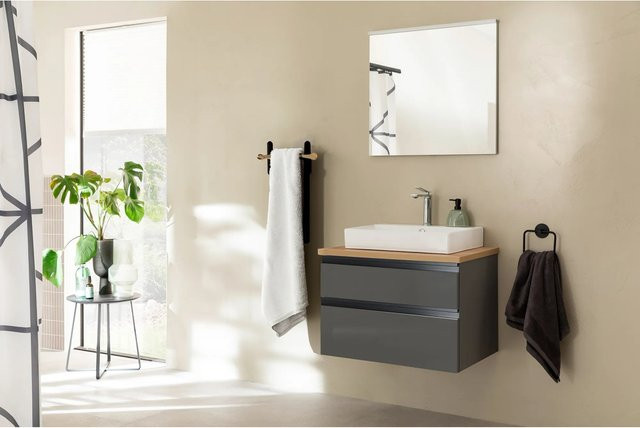 Schöner Wohnen Badmöbel-Set Stockholm Cosmos Grey 4-teilig mit Aufsatzwaschtisch aus Keramik und beleuchtetem Flächenspiegel - Bild 1