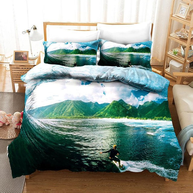 Bettwäsche-Set Surfen mit Surfbretter- und Ozean-Motiv von Binchi Outdoor Product, Blau, B/H: 135 x 200 cm - Bild 1