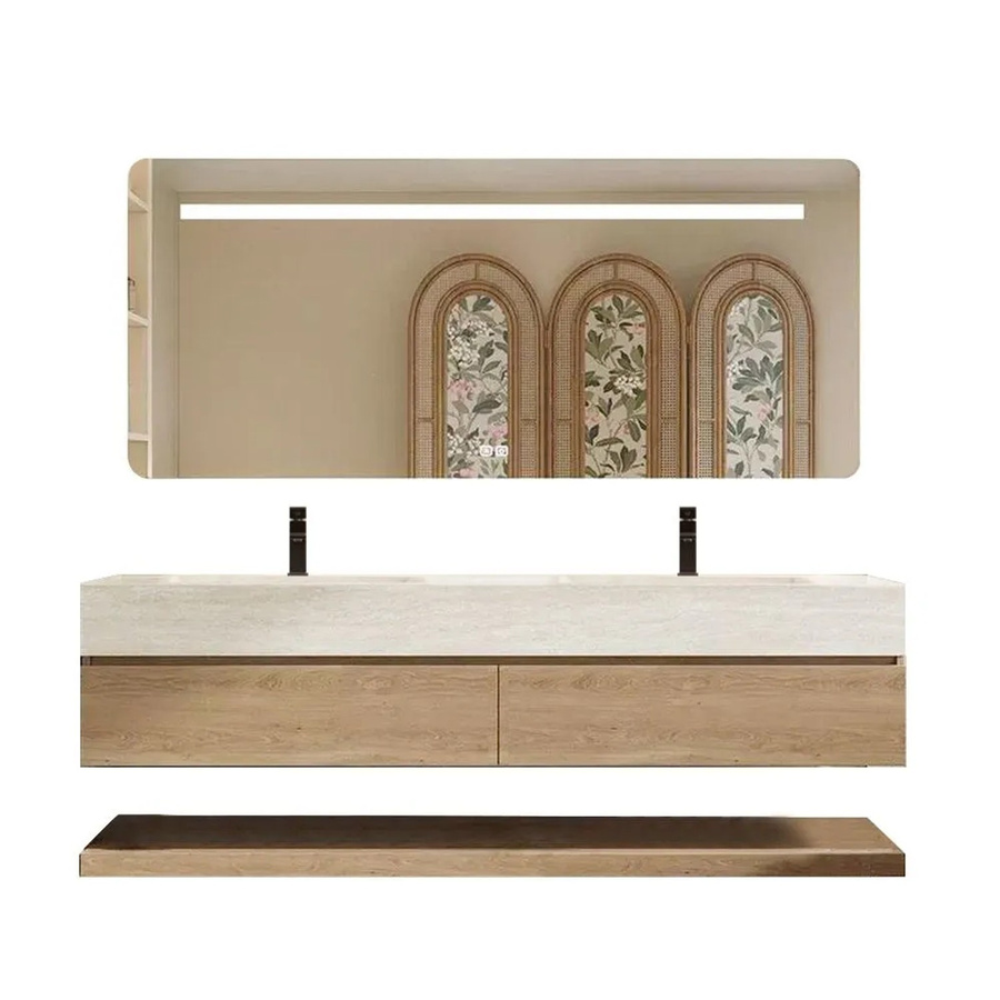 360Home Doppelwaschbecken Set Wandhängend in Travertine Look mit Spiegel und Unterschrank, Farbe Beige, B: 150 cm, T: 55 cm - Bild 2