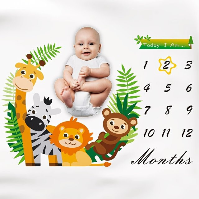 VIKAMA Baby-Meilenstein-Decke mit Dschungeltier-Print in Weiß als monatlicher Wachstumstracker für Neugeborene - Bild 1