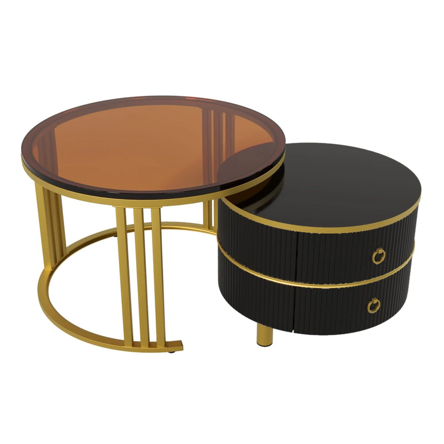 okwish Couchtisch Beistelltisch mit 2 Schubladen in Schwarz/Braun, Durchmesser: 70 cm - Bild 2