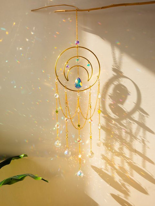 Boho Mond Sonnenfänger aus Buntglas und Kristall in Mehrfarbig als hängender Regenbogen Maker und Prisma für Schlafzimmer oder Garten - Bild 1