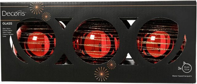 Decoris Weihnachtskugeln aus Glas in Hellrot, 3-teiliges Set, Durchmesser: 8 cm - Bild 1