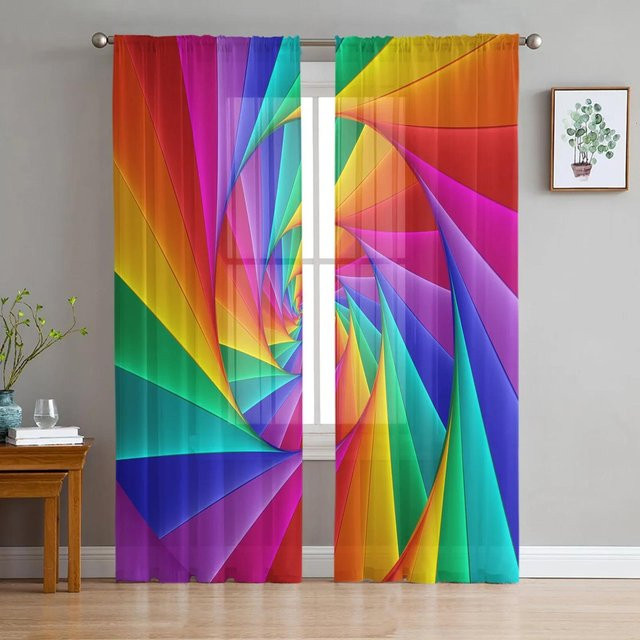 Yiran Furniture Regenbogen-Sternenlicht Chiffon-Vorhänge mit Sternen-Motiv, transparent/mehrfarbig, 2er-Set, B: 135 cm, H: 115 cm - Bild 1