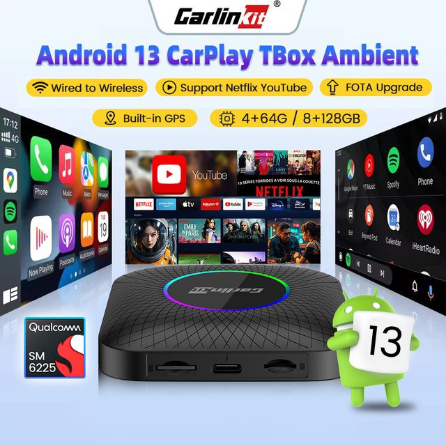 CarlinKit Android 13 TV-Box mit Wireless CarPlay und Android Auto, Ambient Adapter für Netflix, Youtube und IPTV in Schwarz - Bild 1