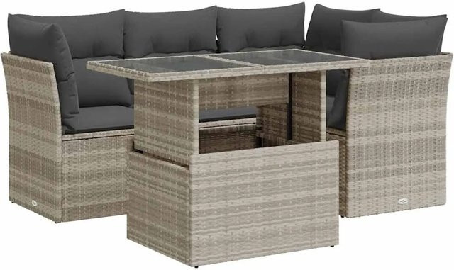 vidaXL 5-teilige Garten-Sofagarnitur in L-Form aus Poly-Rattan in Hellgrau mit Kissen und Stauraum - Bild 1
