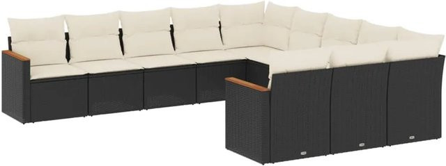 vidaXL 11-tlg. Garten-Sofagarnitur aus Poly-Rattan und Akazienholz in Schwarz mit Kissen und Stauraum - Bild 1