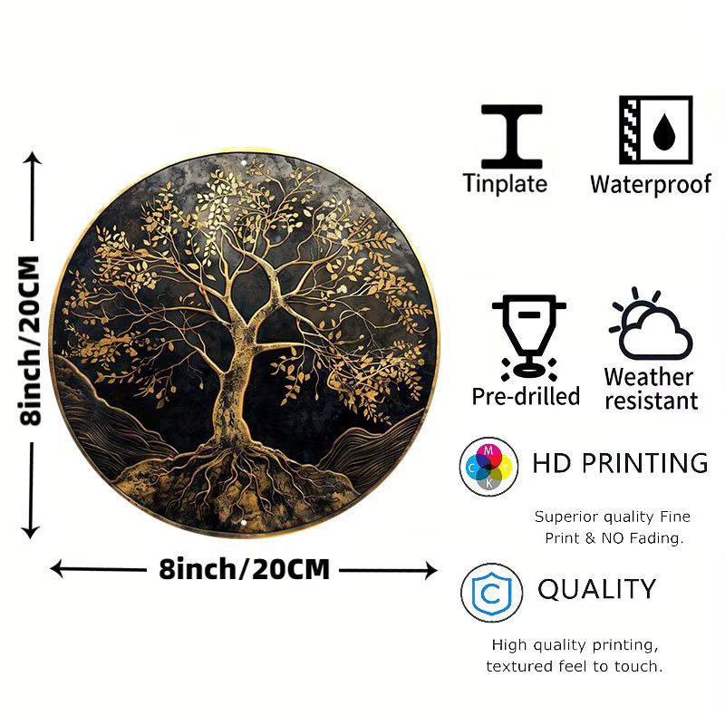 Potdemiel Aluminiumschild Baum des Lebens runde Wanddekoration, Farbe: Gold und Schwarz, Durchmesser: 20,32 cm - Bild 3