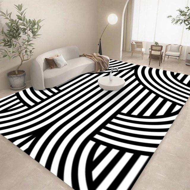 Miniso Teppich mit geometrischem Linienmuster in Schwarz und Weiß, rutschfest und waschbar, B/T: 120 x 160 cm - Bild 1
