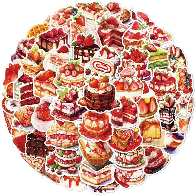 50 Stück Erdbeere Kuchen Dessert Graffiti Aufkleber in Multicolour für Helm Fahrrad und Federmäppchen - Bild 1