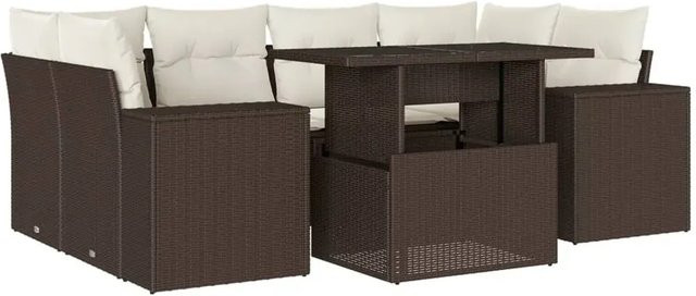 vidaXL 7-teilige Garten-Sofagarnitur in L-Form aus Polyrattan mit Kissen in Braun und Cremeweiß - Bild 1