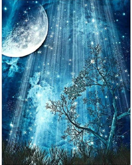 FIYO DIY Diamantmalerei Set mit See-Landschaft und Baum in Blau, runde Strasssteine, B/H: 20 x 30 cm - Bild 1