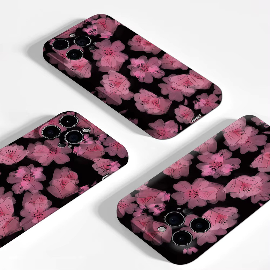 Apple iPhone Schutzhülle mit rosa Blumen auf schwarzem Hintergrund, doppelschichtige Rückabdeckung für iPhone 17/16/15/14/13/12 Pro Max Plus - Bild 3