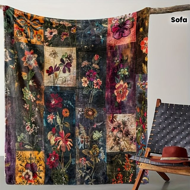 VIKAMA Wandteppich mit floralem Vintage-Blumenmuster in Multicolour, Bohemian Samt Wanddekoration für dein Wohnzimmer oder Sofa, Breite: 90 cm, Höhe: 75 cm - Bild 1