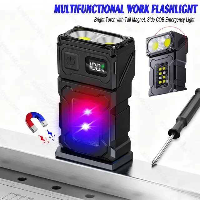 NEWBIRTH LED-Schlüsselanhänger-Taschenlampe in Schwarz mit 500 lm, wiederaufladbare USB-Arbeitslaterne mit Magnet und Digitalanzeige - Bild 1