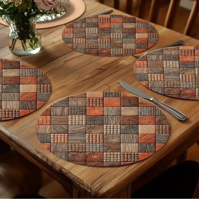 VIKAMA 4-teiliges Set runde Tischsets in Braun mit Vintage-Mosaik und Holzmaserung aus Vinyl, ölbeständig und rustikal - Bild 1