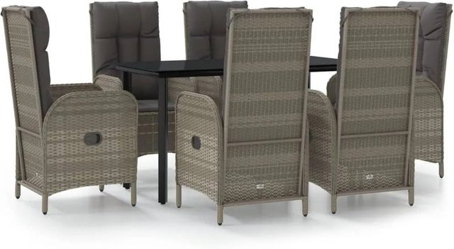vidaXL 7-teilige Garten-Essgruppe aus Poly Rattan mit Kissen in Schwarz und Grau und Tisch mit gehärtetem Glas - Bild 1