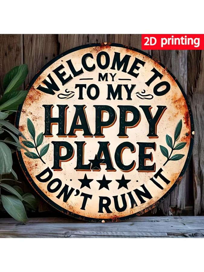 Potdemiel Vintage-Metallschild Welcome to My Happy Place Wanddekoration Schwarz B: 20,3 cm, H: 30,5 cm - Bild 6