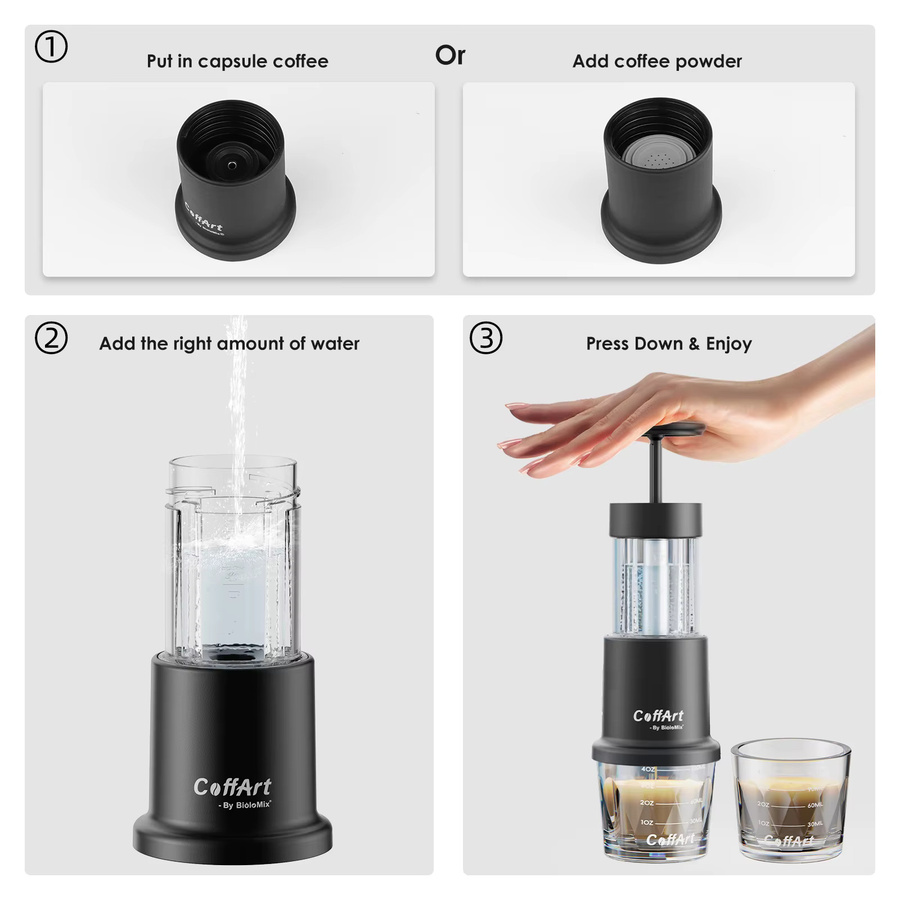 BioloMix 2-in-1 Tragbare Kaffeemaschine in Schwarz für Nespresso Original Kapseln und gemahlenen Kaffee mit Handpresse - Bild 7