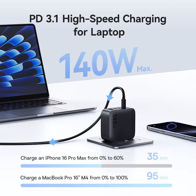 Baseus 140 W GaN USB-C Schnellladegerät mit PD für MacBook, Tablet und Smartphone in Schwarz - Bild 2