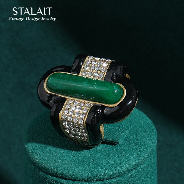 STALAIT Ring, Vintage, Schwarz, Emaille, Grün, Naturstein, Kristall, Damen - Bild 1